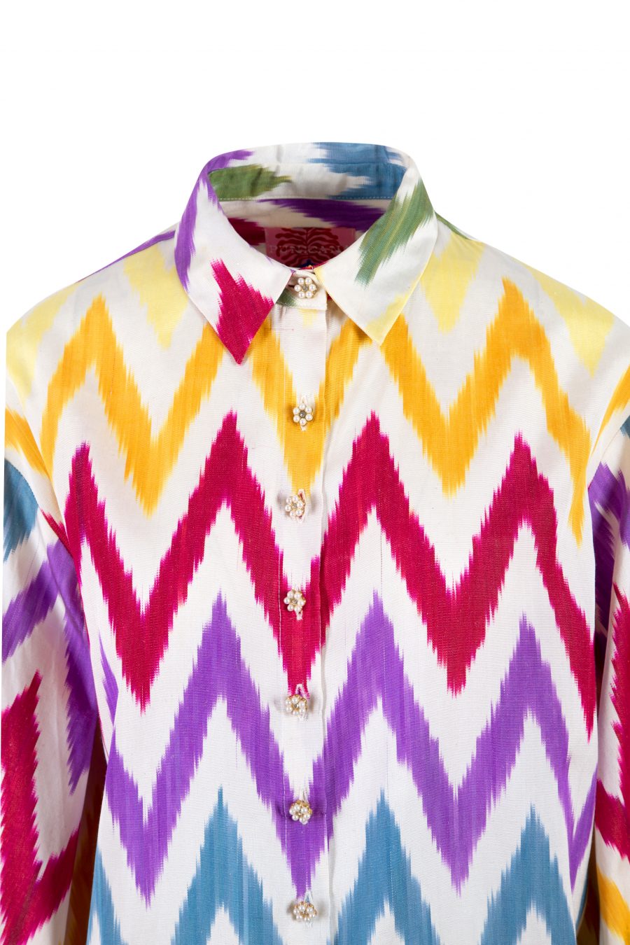 Baloon Shirt in Multi Chevron Motif Handmade Silk/Cotton Ikat