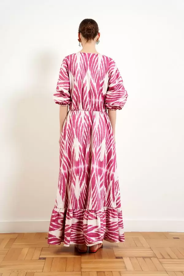 DEBBIE DRESS IN RASPBERRY / DUSTY PINK LEAF SILK IKAT