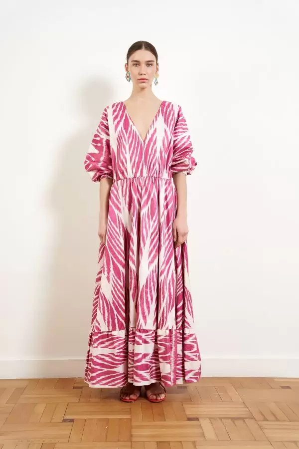 DEBBIE DRESS IN RASPBERRY / DUSTY PINK LEAF SILK IKAT