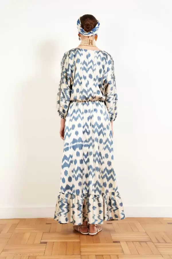 DEBBIE DRESS IN NAVY / BEIGE SPOTTED SILK IKAT
