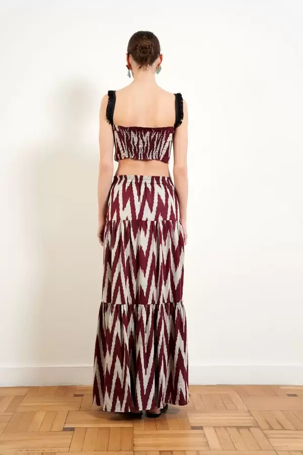 BALO SKIRT IN BURGUNDY / DUSTY PINK CHEVRON COTTON IKAT