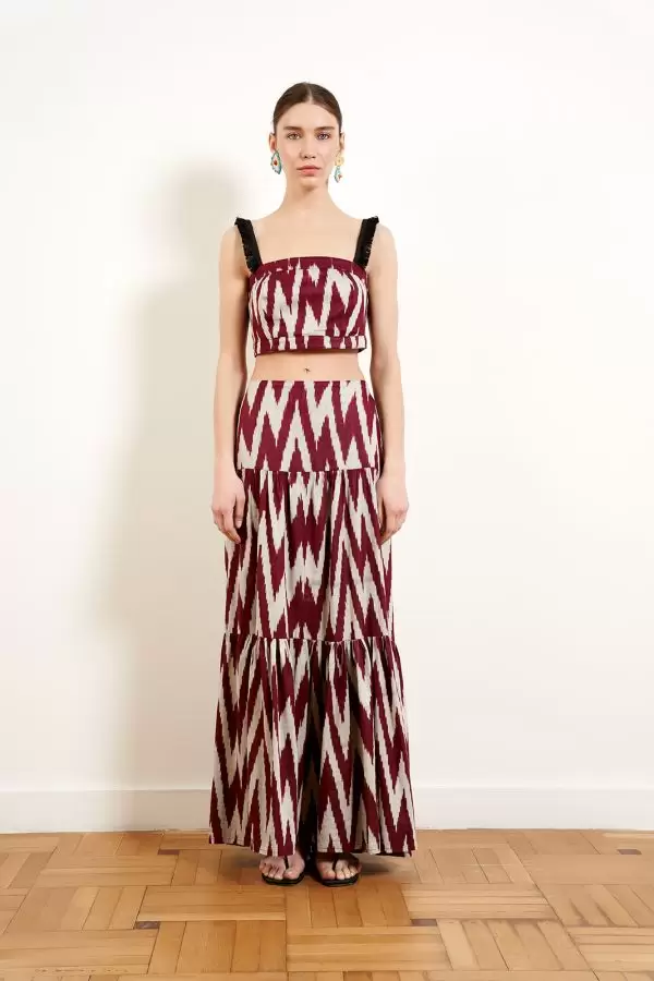BALO SKIRT IN BURGUNDY / DUSTY PINK CHEVRON COTTON IKAT