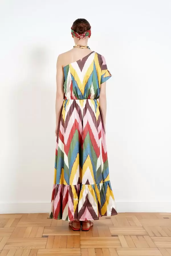SULTAN DRESS IN RAINBOW CHEVRON SILK IKAT