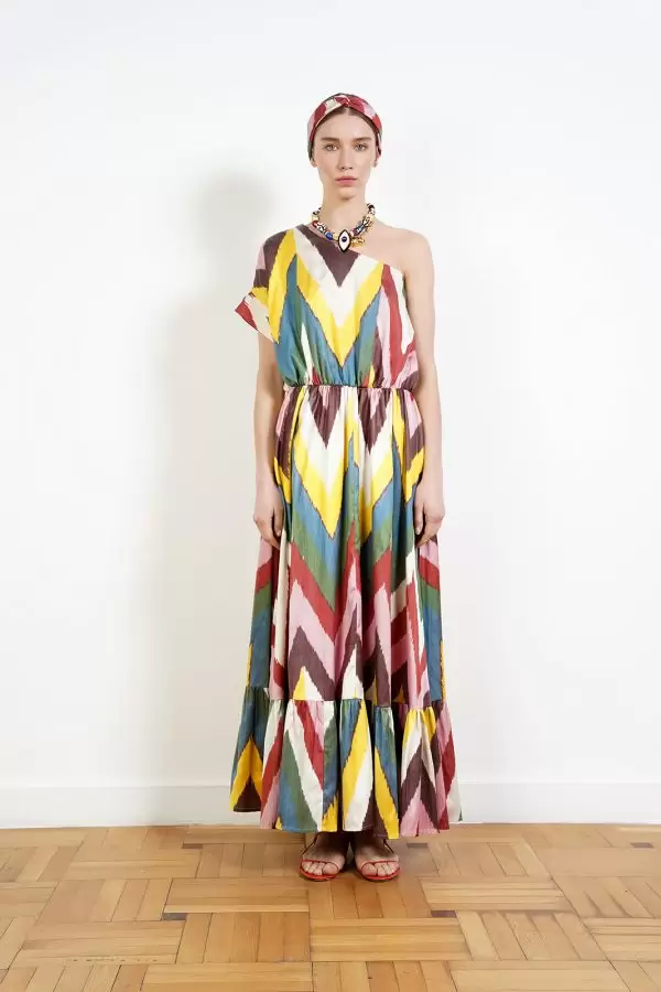 SULTAN DRESS IN RAINBOW CHEVRON SILK IKAT