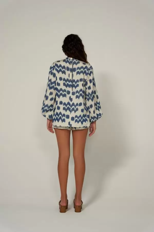 Cesme Short in navy/beige handmade silk ikat