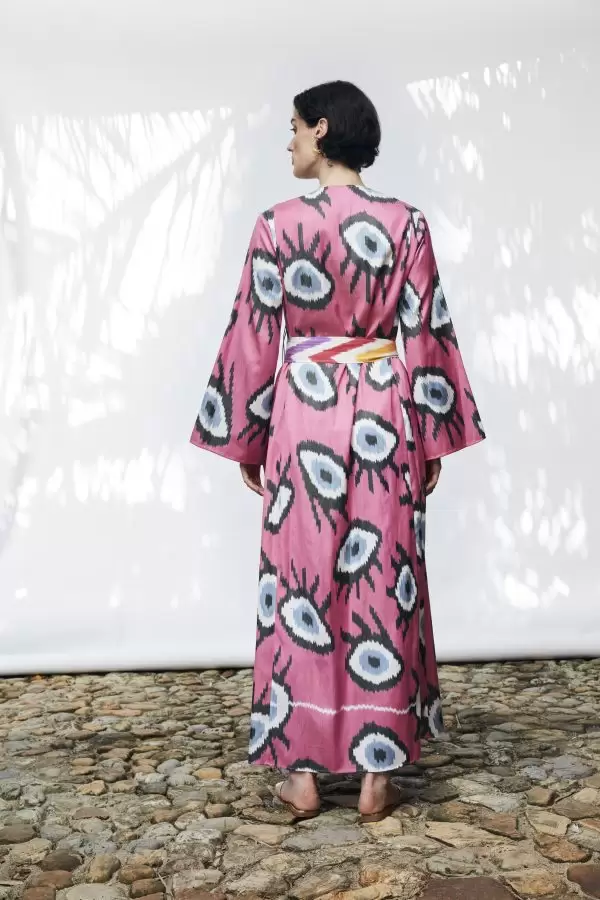 Harem Dress in Fuchsia-Blue Evil Eye Silk/Cotton Ikat