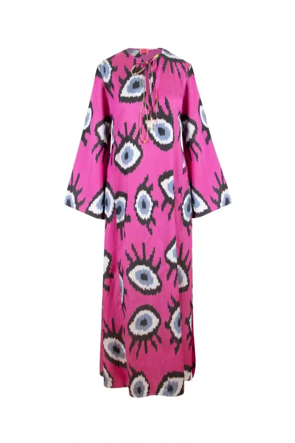 Harem Dress in Fuchsia-Blue Evil Eye Silk/Cotton Ikat