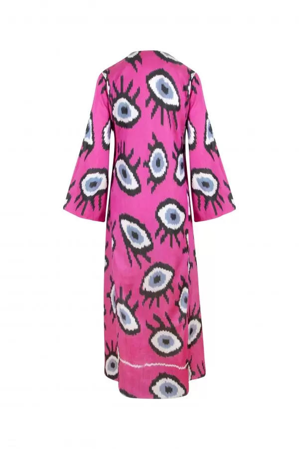 Harem Dress in Fuchsia-Blue Evil Eye Silk/Cotton Ikat