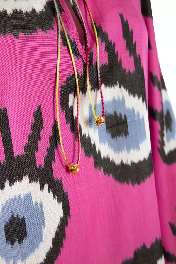 Harem Dress in Fuchsia-Blue Evil Eye Silk/Cotton Ikat