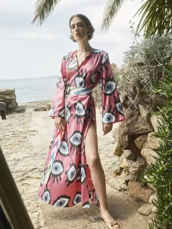 Harem Dress in Fuchsia-Blue Evil Eye Silk/Cotton Ikat