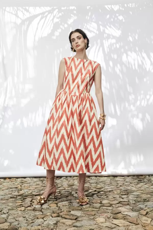 Peekaboo Dress in Orange Chevron Motif Handmade Cotton Ikat