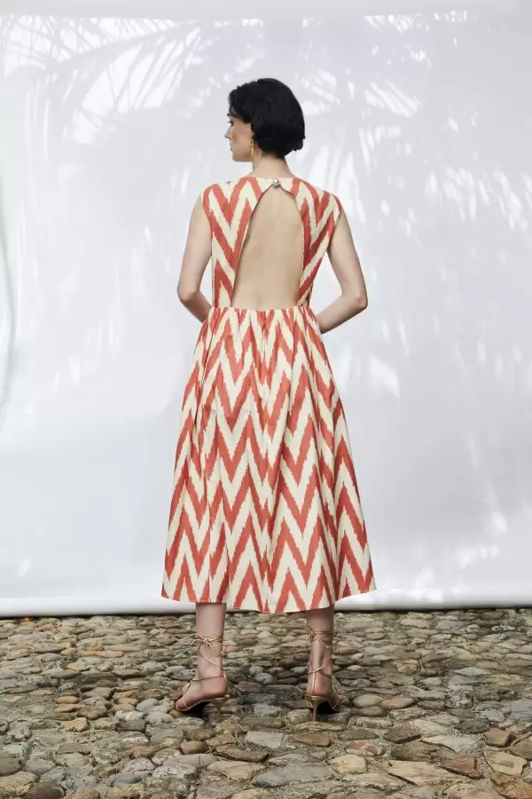 Peekaboo Dress in Orange Chevron Motif Handmade Cotton Ikat