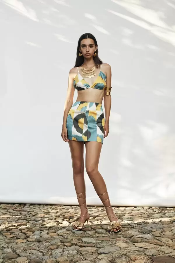 Tiril Skirt in Petrol-Yellow Abstract Motif Handmade Silk/Cotton Ikat
