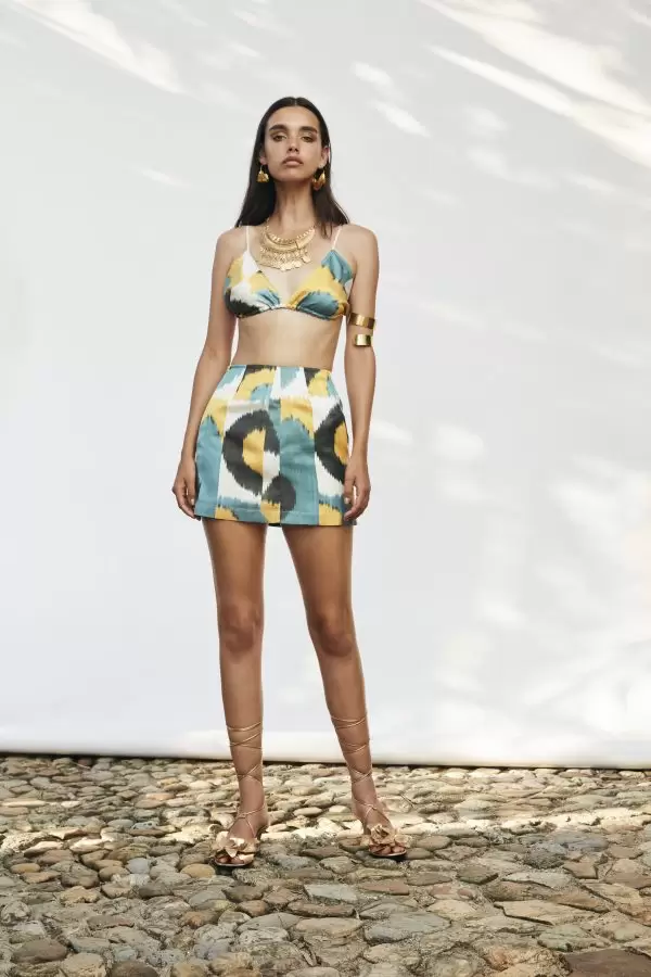 Tiril Skirt in Petrol-Yellow Abstract Motif Handmade Silk/Cotton Ikat