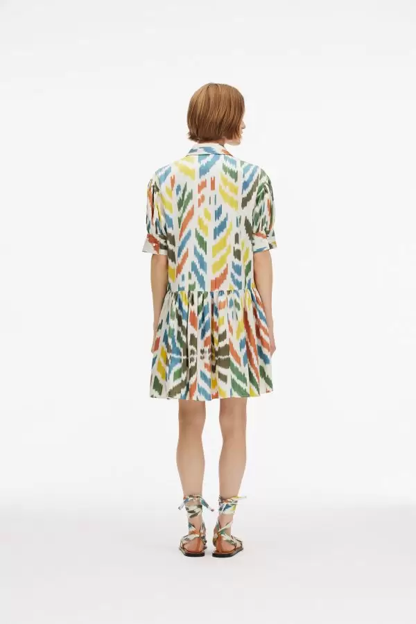 Little Day Dress in Multi Leaf Motif Handmade Silk/Cotton Ikat