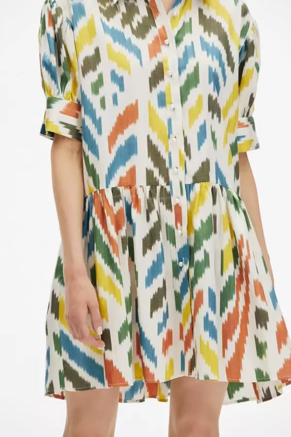 Little Day Dress in Multi Leaf Motif Handmade Silk/Cotton Ikat