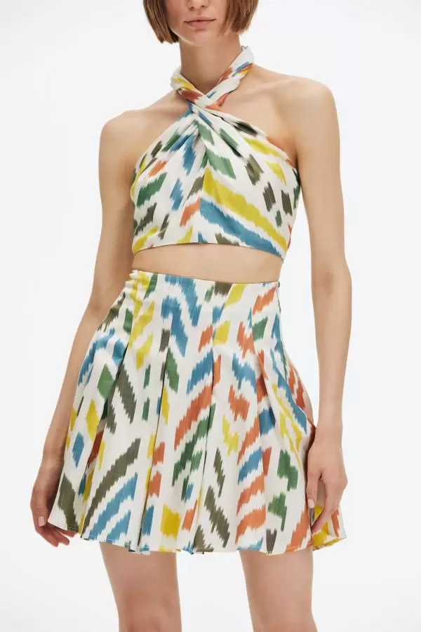 Flirty Skirt in Multi Leaf Motif Handmade Silk/Cotton Ikat