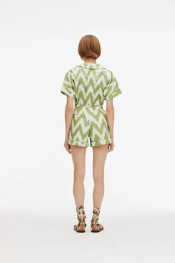 Cesme Short in Green Chevron Motif Handmade Cotton Ikat