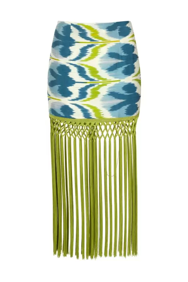Tiril Skirt w Fringes in Blue Floral Silk/Cotton Ikat