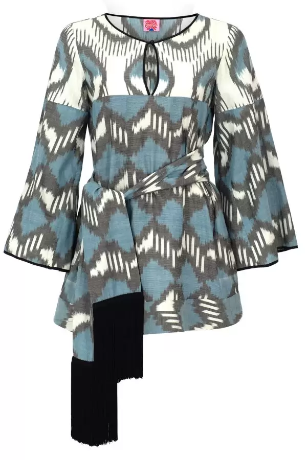 New Plaj Dress w Belt in Blue Evil Eye / Blue Geometric Cotton Ikat