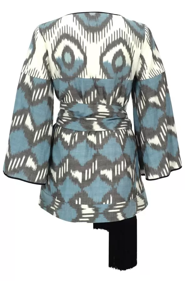 New Plaj Dress w Belt in Blue Evil Eye / Blue Geometric Cotton Ikat