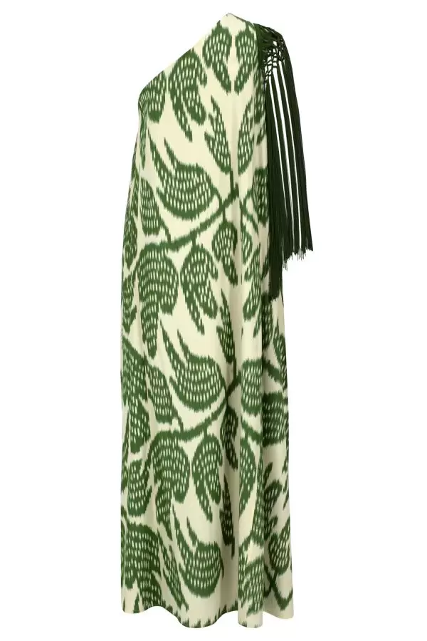 Saray Dress w Fringes & Belt in Green Leaf Cotton Ikat
