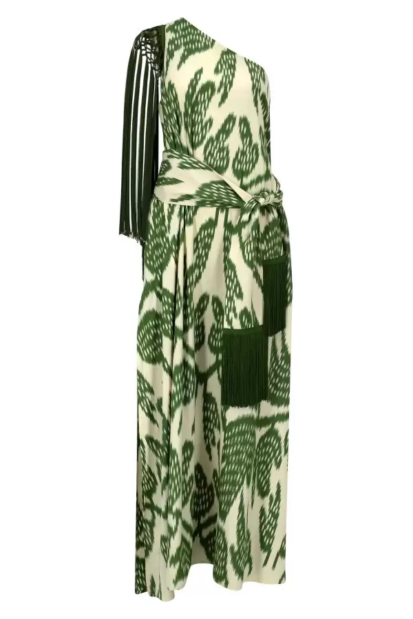 Saray Dress w Fringes & Belt in Green Leaf Cotton Ikat