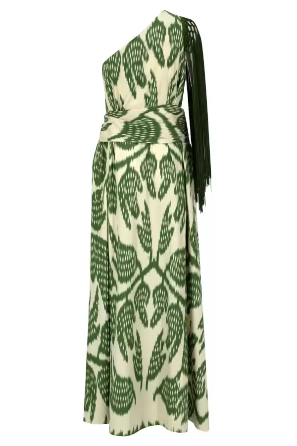 Saray Dress w Fringes & Belt in Green Leaf Cotton Ikat