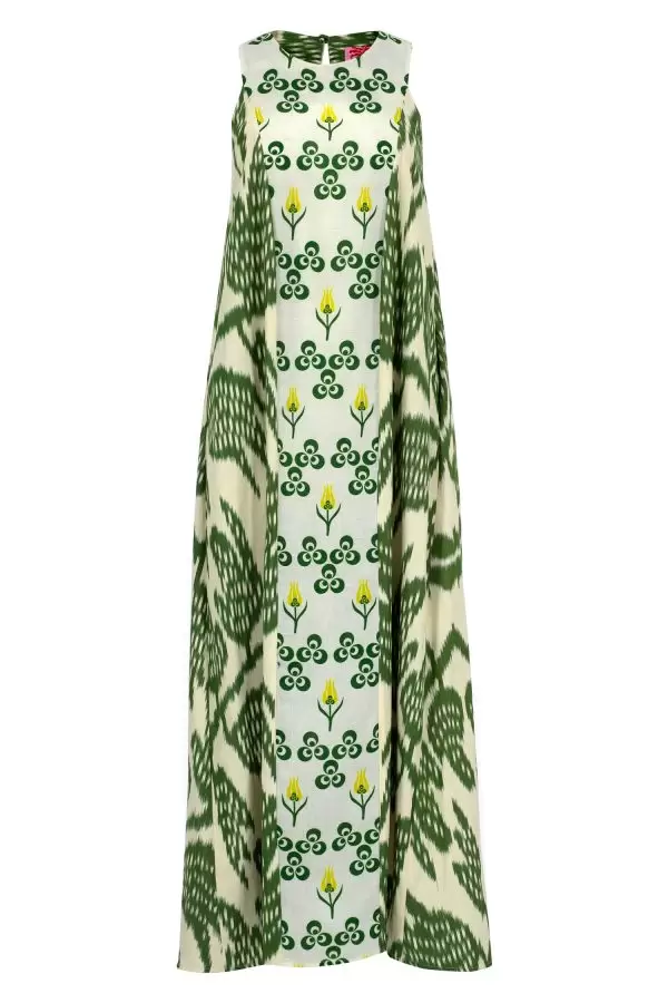 Lale Dress in Green Leaf Cotton Ikat