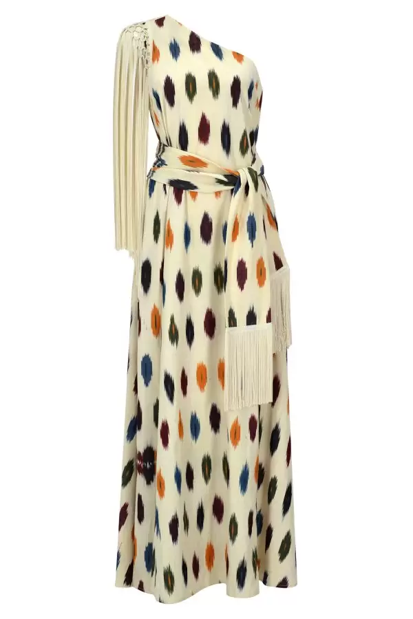 Saray Dress w Fringes & Belt in Multi Dots Cotton Ikat