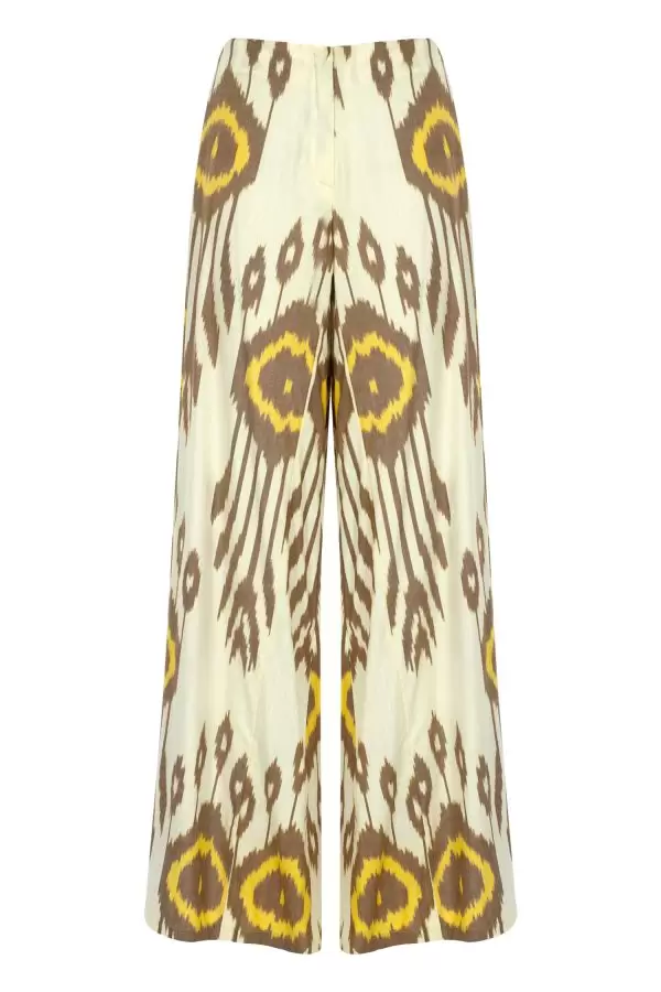 Palazzo Pant w side slit in Ecru-Brown-Yellow Ethnic Cotton Ikat