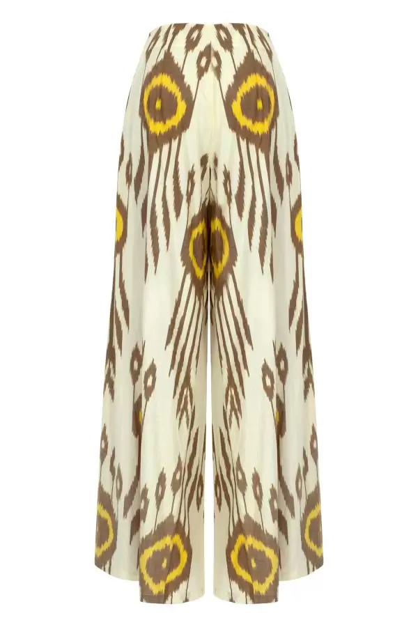 Palazzo Pant w side slit in Ecru-Brown-Yellow Ethnic Cotton Ikat