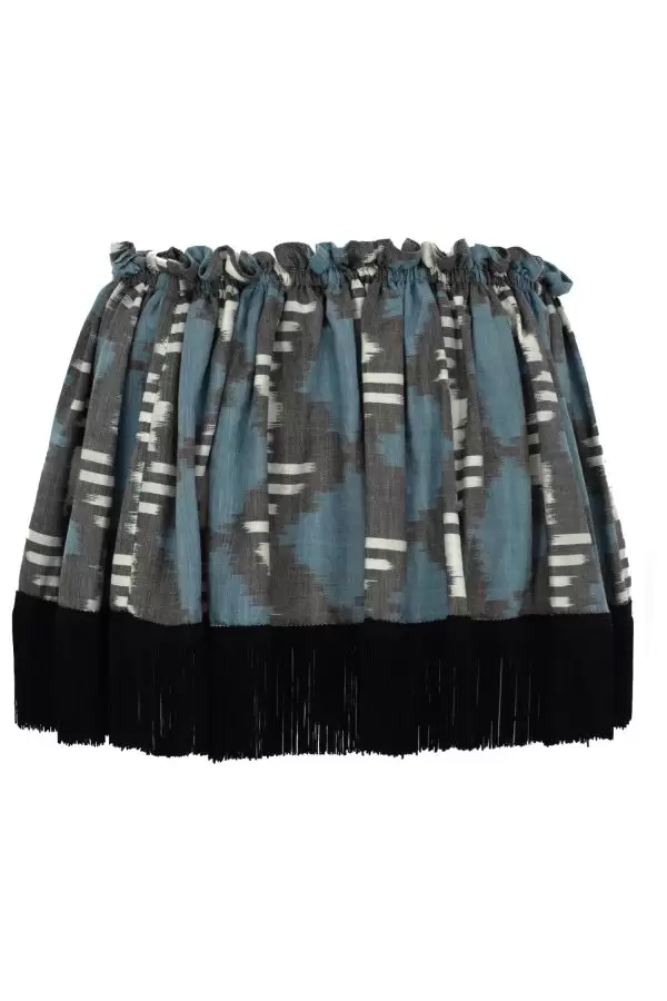 Off-Shoulder Fringe Top in Blue Geometric Cotton Ikat