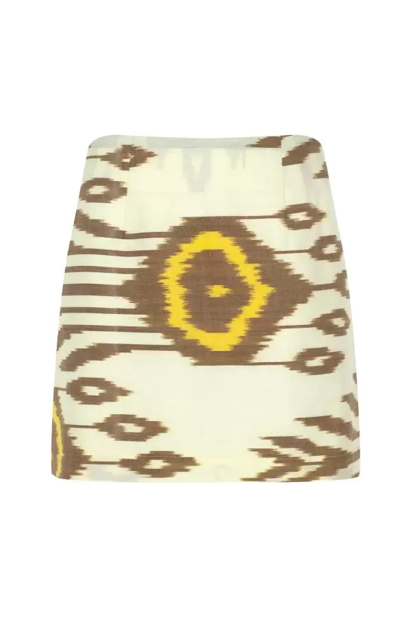 Tiril Skirt in Ecru-Brown-Yellow Ethnic Cotton Ikat