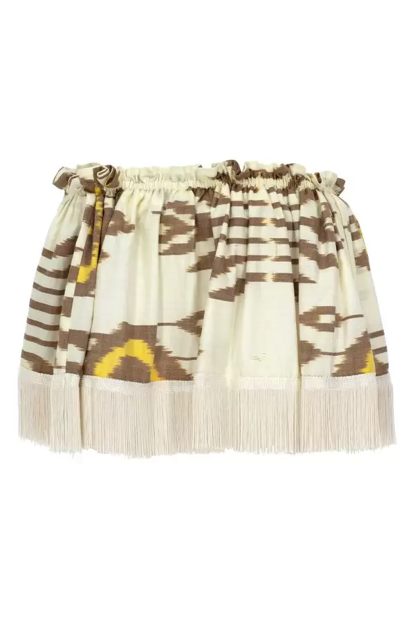 Off-Shoulder Fringe Top in Ecru-Brown-Yellow Ethnic Cotton Ikat