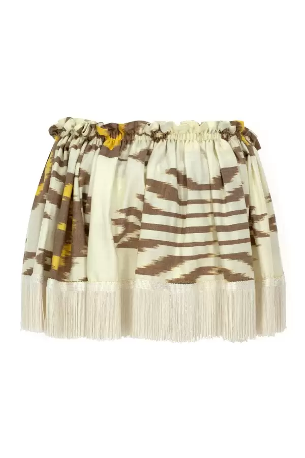 Off-Shoulder Fringe Top in Ecru-Brown-Yellow Ethnic Cotton Ikat