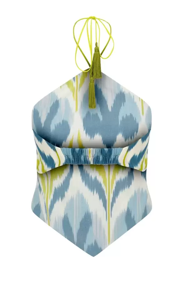 Handkerchief Bustier in Blue Floral Silk/Cotton Ikat