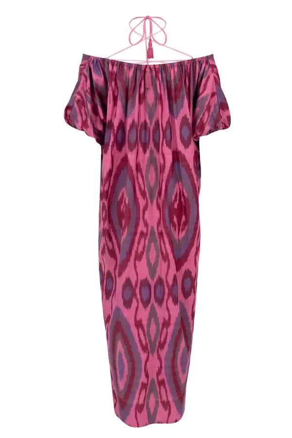 Off-Shoulder Caftan Dress in Pink Ethnic Cotton Ikat