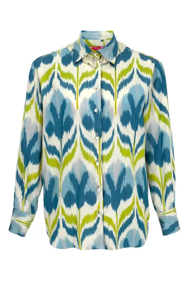 Chic Shirt in Blue Floral Silk/Cotton  Ikat