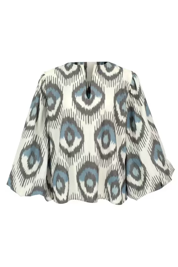 Backless Grand Bazaar Top w Tassels in Blue Evil Eye Cotton Ikat