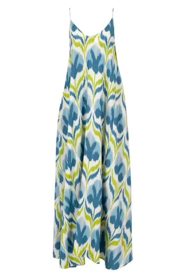 Asli Fringe Dress in Blue Floral Silk/Cotton Ikat