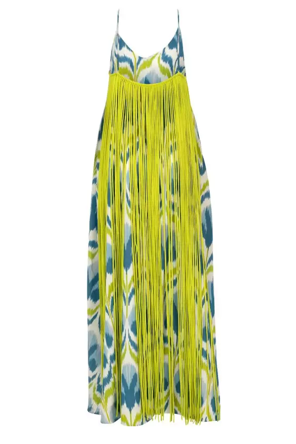 Asli Fringe Dress in Blue Floral Silk/Cotton Ikat