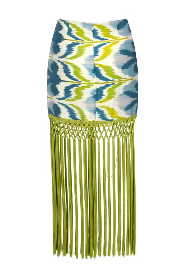 Tiril Skirt w Fringes in Blue Floral Silk/Cotton Ikat