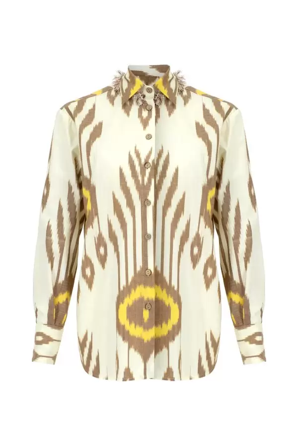 Chic Shirt in Ecru-Brown-Yellow Ethnic Cotton Ikat