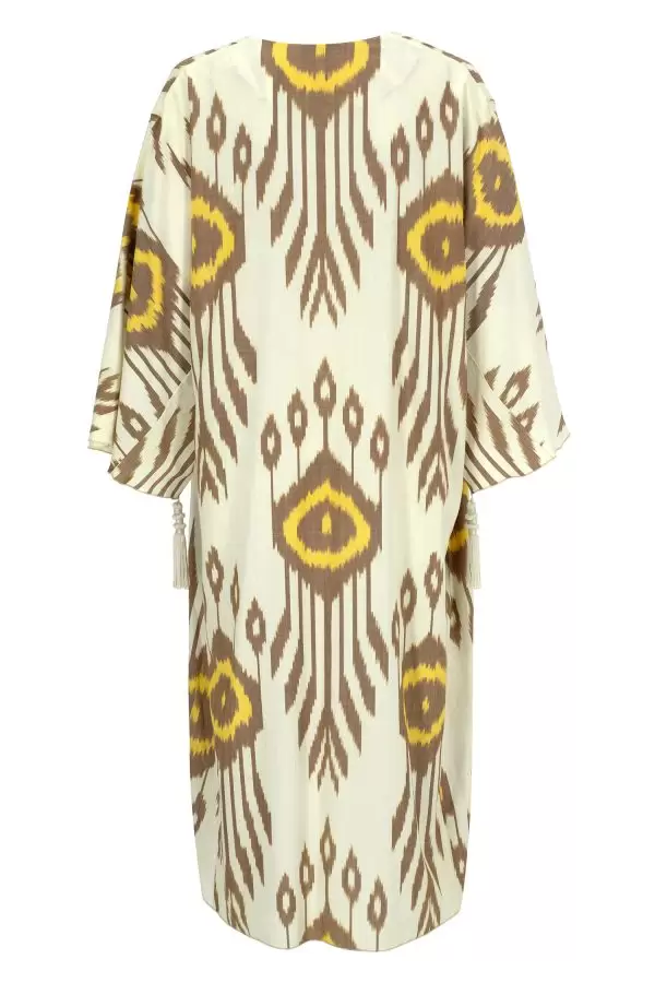 Tassel Caftan in Ecru-Brown-Yellow Ethnic Cotton Ikat