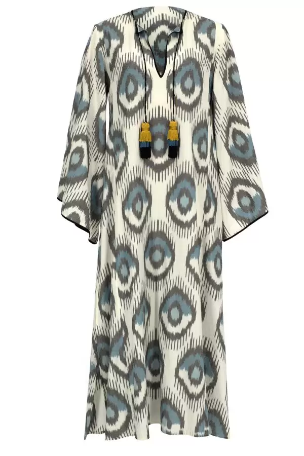 Harem Dress w Tassels in Blue Evil Eye Cotton Ikat