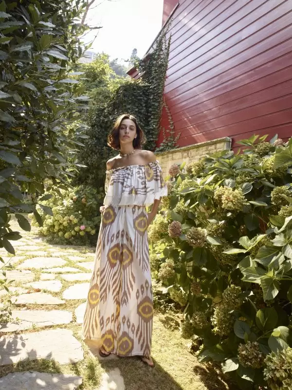 Off-Shoulder Fringe Top in Ecru-Brown-Yellow Ethnic Cotton Ikat