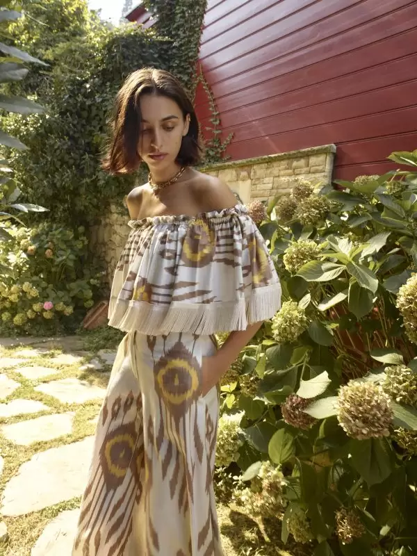 Off-Shoulder Fringe Top in Ecru-Brown-Yellow Ethnic Cotton Ikat