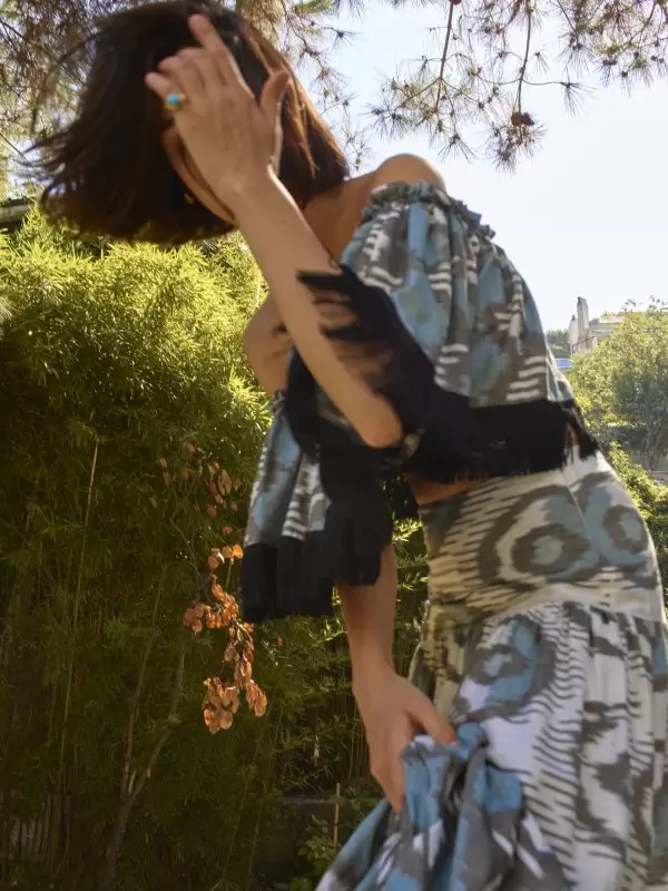 Off-Shoulder Fringe Top in Blue Geometric Cotton Ikat