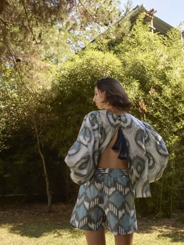 Backless Grand Bazaar Top w Tassels in Blue Evil Eye Cotton Ikat